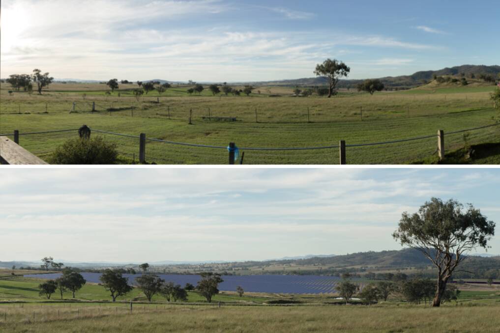 An impression of the landscape near Loomberah with and without the proposed solar panels. Picture file