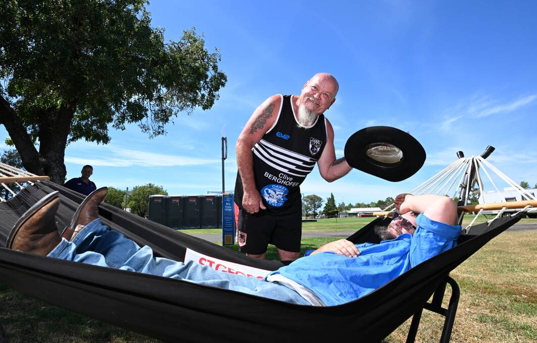 Noel Richards, Oakey, Queensland, and Craig Egan, Dubbo, set up their little paradise with the inclusion of hammocks on at the campgrounds. Picture by Gareth Gardner