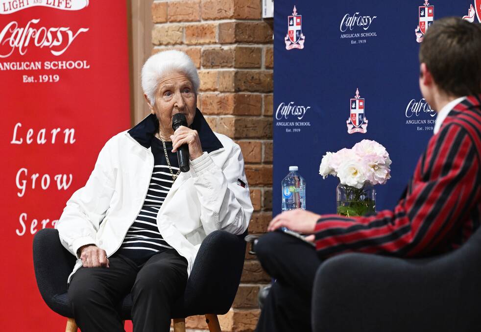Former Olympic swimmer Dawn Fraser speaks to students at Calrossy Anglican School on Friday. Picture by Gareth Gardner