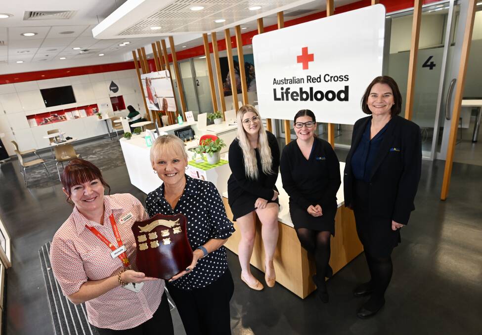 Lifeblood Tamworth's Michelle Walker-Tredrea with Karen Vial, Burke and Smyth, Tamworth, and (back) Mrs Vial's fellow Burke and Smyth donors for the 2023 challenge, Dakota Appelby, Shai Avery and Mel Garde. Picture by Gareth Gardner 