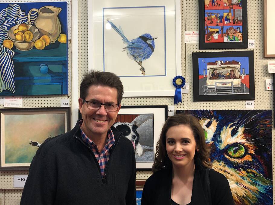 On song: Tamworth MP Kevin Anderson with Tamworth artist Sophie Lockwood and her winning Currabubula Art show exhibit: the Splendid Fairy Wren. Photo: Supplied.