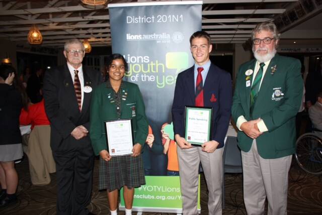 Winner of Lions Youth of the Year Rugavi Jeyakumar with Public Speaking winner Matthew Scott, District Governor Lion Mal Peters and District Chairman of YOTY Lion Alan Cunningham (1)