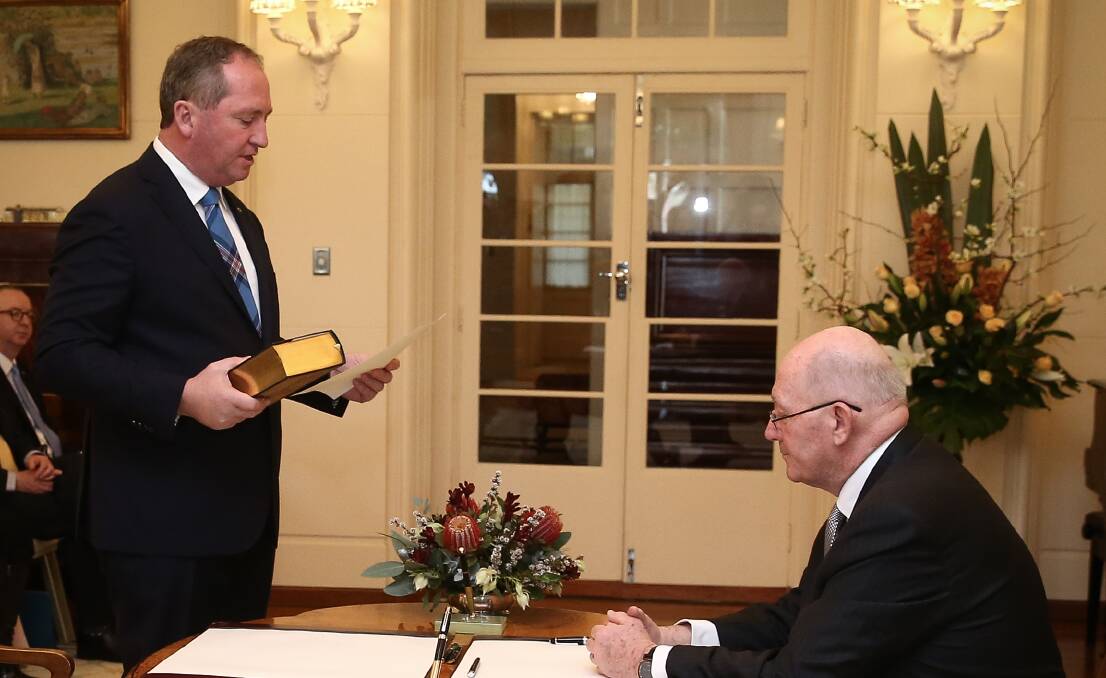 SWORN IN: Deputy PM Barnaby Joyce is sworn in on Tuesday. Photo: Alex Ellinghausen
