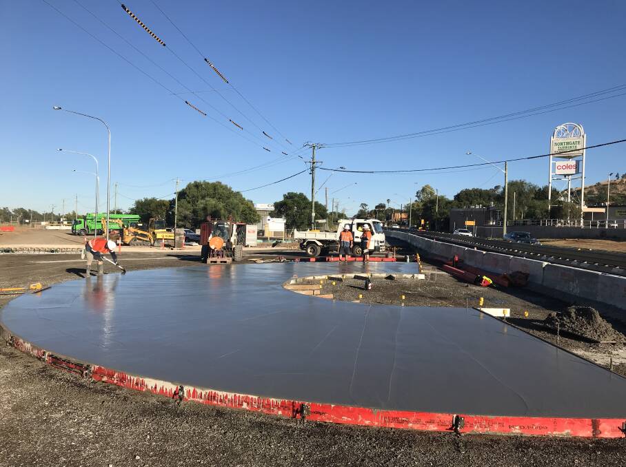Concrete pour: The first half of the new roundabout on Manilla Road. Photo: Supplied.