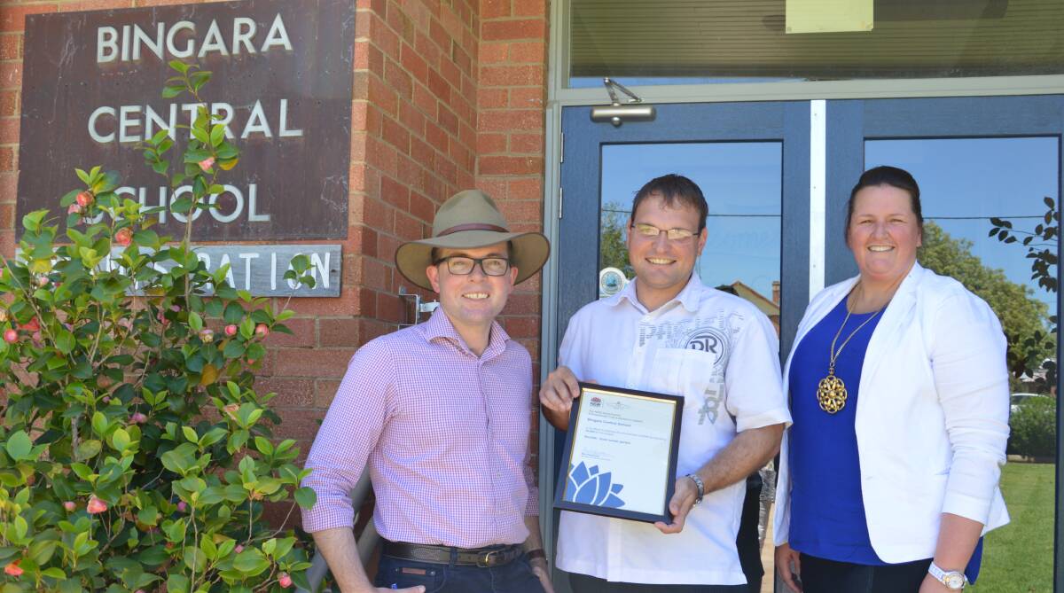 Green thumbs: Northern Tablelands MP Adam Marshall with teacher Scot Crispin and Bingara Central School Relieving Principal Brooke Wall.