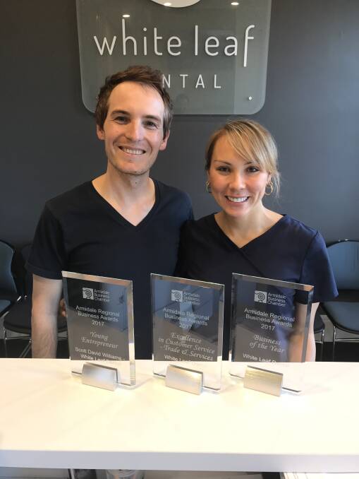Winner: The New England North West Regional Business Awards' young entrepreneur went to White Leaf Dental co-owner Scott Williams, who is pictured here with Sara Stockham.