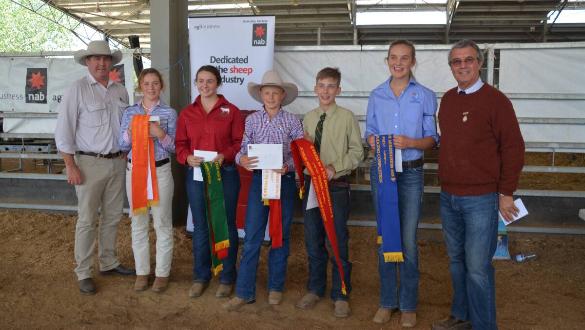 Greg Fletcher (right) with overall point score winners Cilla Clonan, Billy Swain, Will Schmude, Tiana James, and Kareena Dawson with NAB sponsor Nathan Roberts (left).