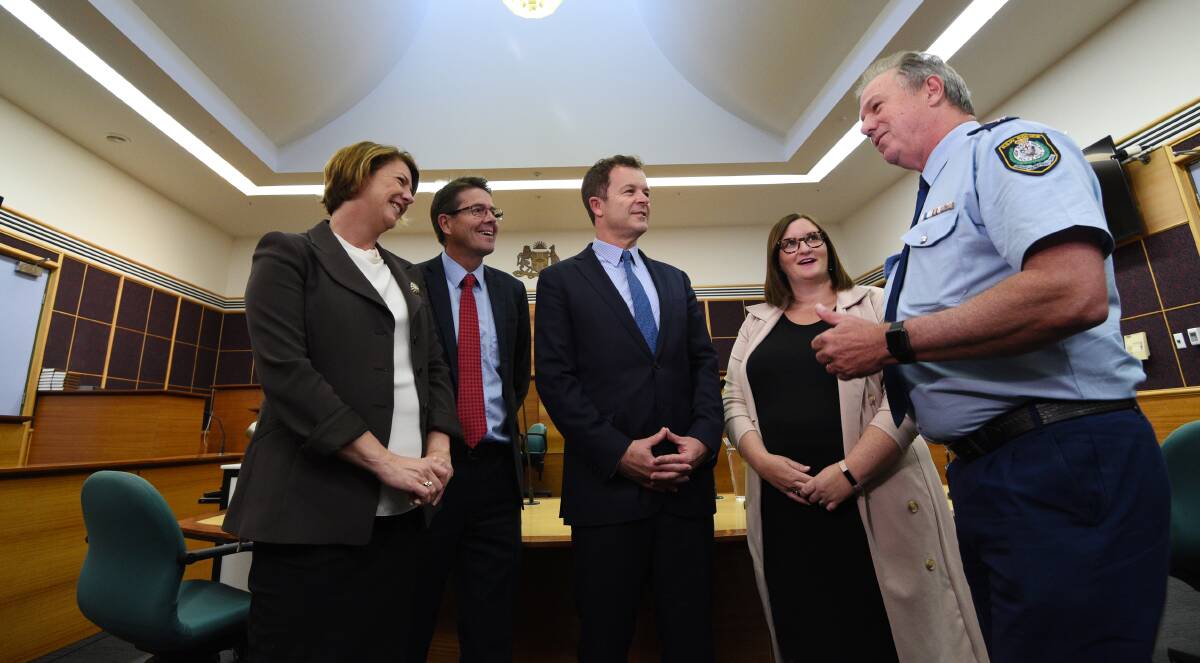 DRIVER HOPE: Roads Minister Melinda Pavey, Kevin Anderson, Mark Speakman, Sarah Mitchell and Geoff McKechnie make the announcement in Tamworth courthouse. Photo: Gareth Gardner 