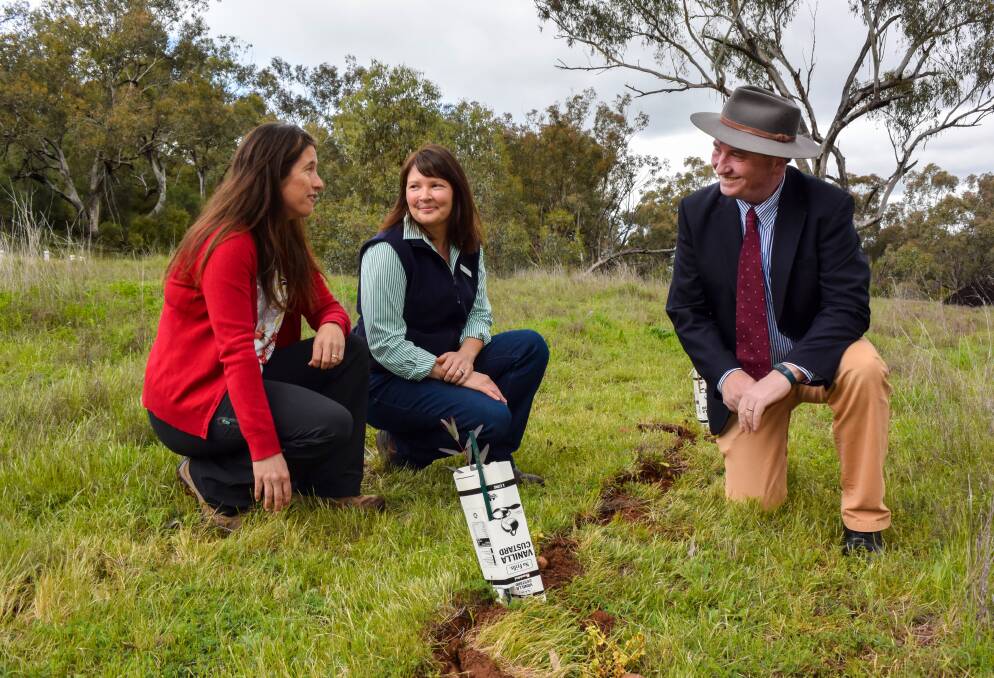 GOING GREEN: Rebecca Mair, Felicity Steel and Barnaby Joyce with some of the mountain bike track's newest additions. Photo: Jamieson Murphy 160916JMA009