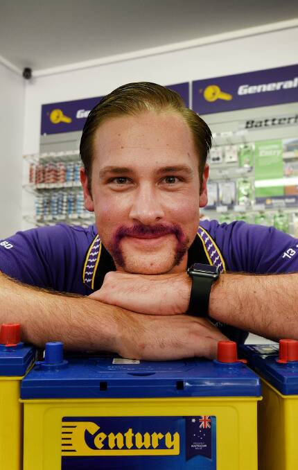 MAUVE MOUSTACHE: Jared Cox came through on his promise and dyed his mo purple to raise money for men's health. Photo: Gareth Gardner 301116GGC031