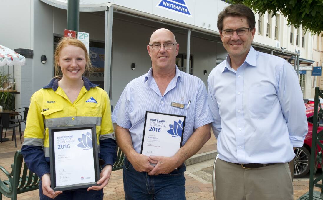 RECOGNISED AND AWARDED: Georgia Foley with HVTC field officer Paul Briscoe and Tamworth MP Kevin Anderson, at the Bert Evans Scholarship awards.