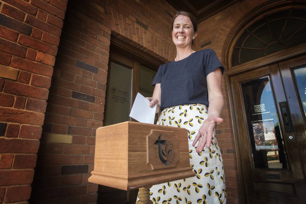 GET IN TOUCH: Jill Stewart with the box, which can be found outside the chamber’s new office at Town Hall. Suggestions can be left anonymously or with contact details. Photo: Garth Gardner