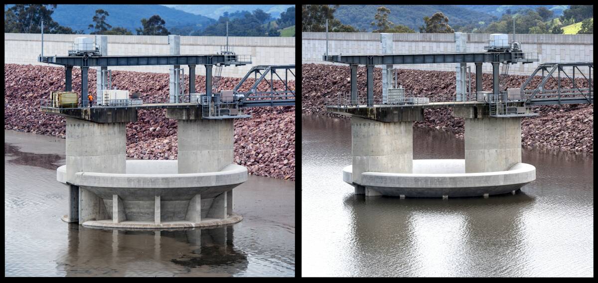 RAPID RISE: On the left, Chaffey Dam at about 57 per cent two weeks ago, and on the right, the dam at just under 80 per cent. Photo: Peter Hardin 150916PHA033