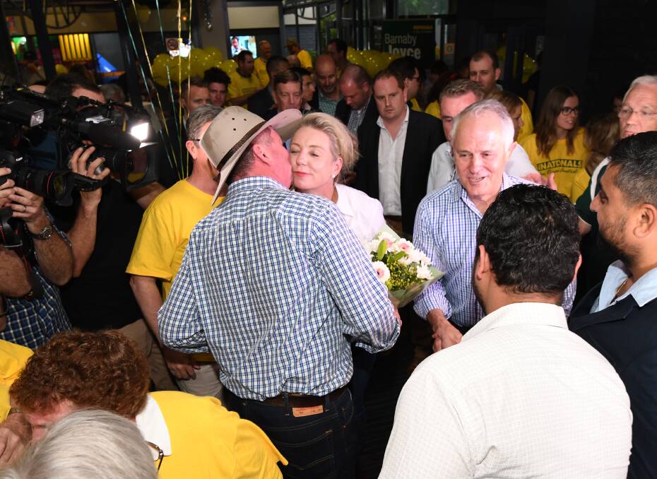 FREE TRAVEL: Senator Bridget McKenzie congratulates Barnaby Joyce on winning the by-election in Tamworth. Photo: Gareth Gardner