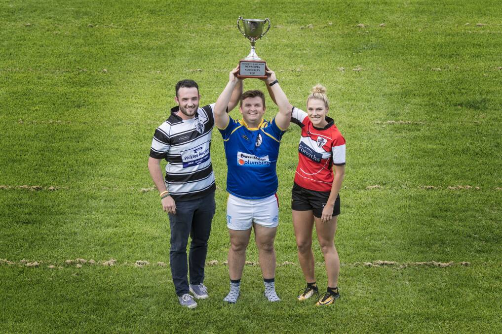Tamworth Rugby Club is taking nominations for its Summer 7s. Pictured are Kieran McHugh, Adam Penman, who was part of the winning men's side last year and Kimberley Resch, who starred for the successful women's opens team. Photo: Peter Hardin