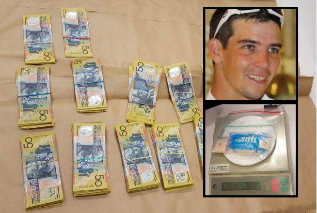 Jailed: Ben Woodard, inset, with some of the drugs and cash seized when he was arrested by Oxley police in September, 2017.