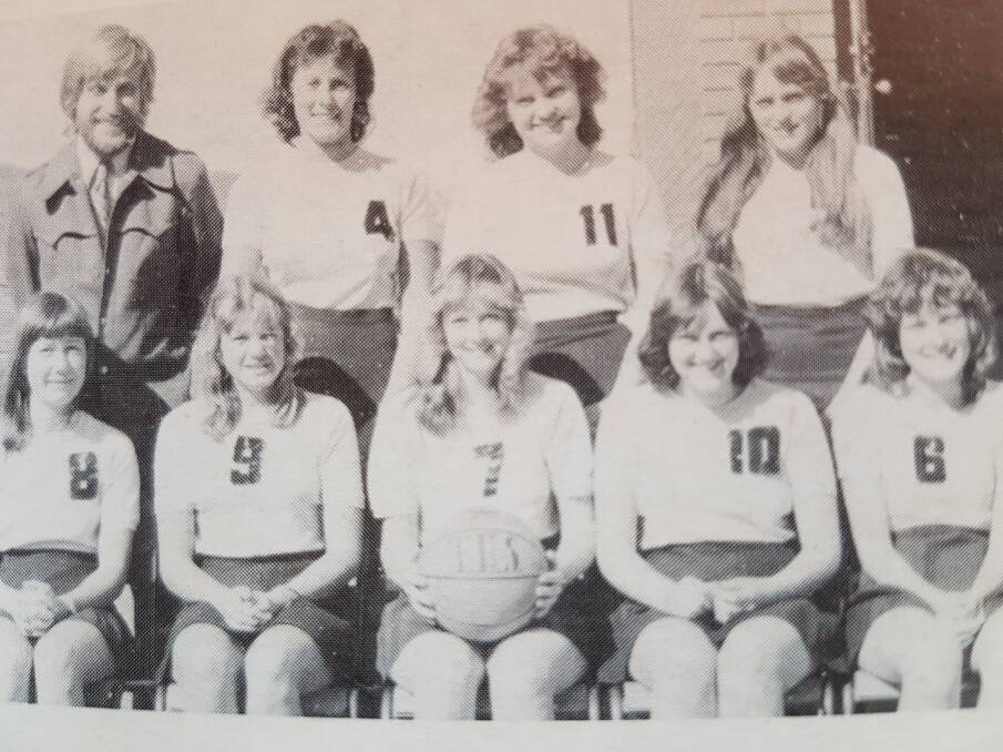 lay ball: Senior Girls Basketball side 1976, top row from left, George Hotz (Teacher/Coach), Vicki McCully (Keys), Joy Hughes (Fogarty), Rhonda Lewis (Mallise), bottom row from left Noelene Wilson (Page), Robyn Rampling (Ford), Janelle Archdale (Russell) Wendy Gault (Aston), Cheryl Carey (McLelland).
