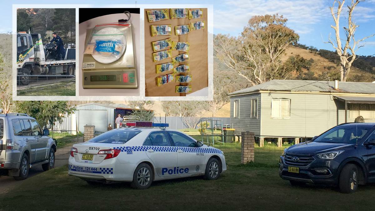 Simultaneous raids: Police search the Nundle Rd, Woolomin, property in September, and inset, a motorbike, drugs and cash were seized in the secret police sting. Photos: Breanna Chillingworth, supplied
