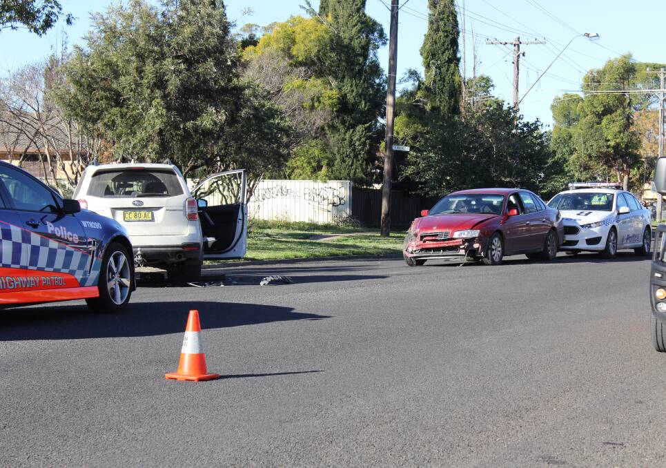 CHARGES LAID: The crash scene in Moree on Friday afternoon after the Holden Statesman collided with two cars, including the Subaru Forrester. Photo: Sophie Harris