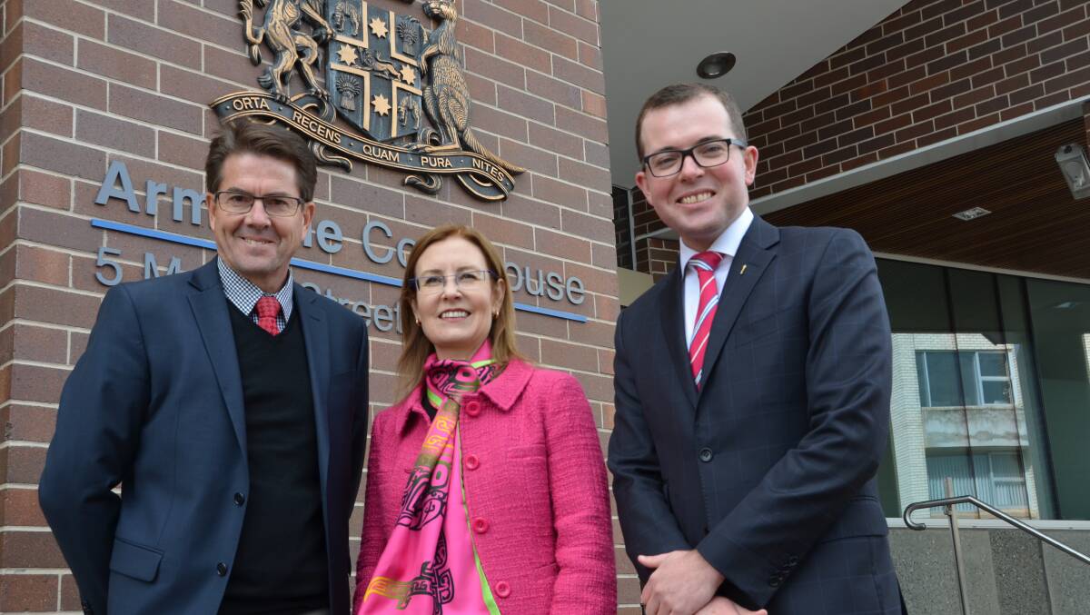 Headed bush: Tamworth MP Kevin Anderson, Attorney-General Gabrielle Upton and Northern Tablelands MP Adam Marshall in Armidale after announcing a permanent judge for the New England. Photo: Dannielle Maguire