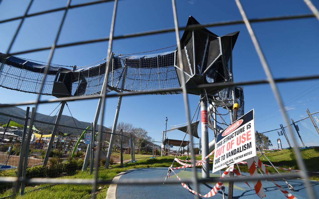 Out of action: The skywalk at the Tamworth Regional Playground is still fenced off after ropes were cut in May. Photo: Gareth Gardner