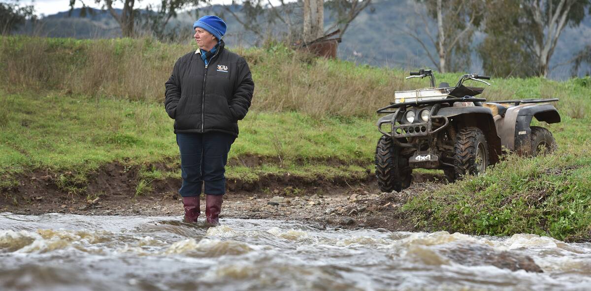 STRANDED: Garthowen resident Tracey Wilcox was left cut off after flood waters spilled over her driveway on Thursday. Photo:Gareth Gardner 250816GGF02