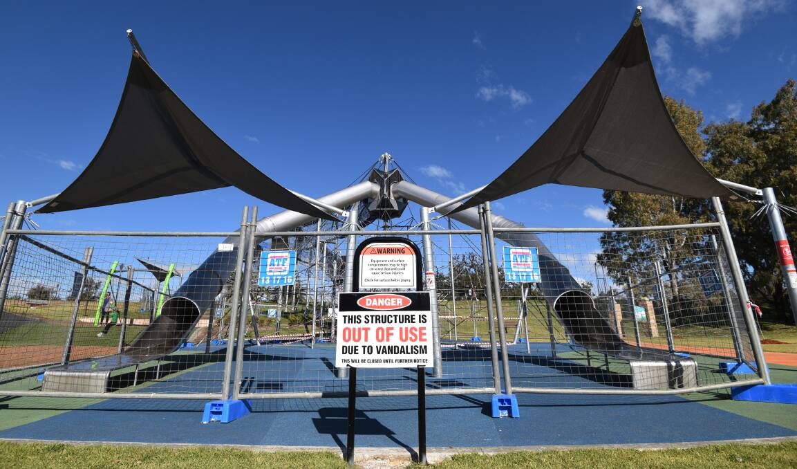 Out of action: The skywalk at the Tamworth Regional Playground is still fenced off after ropes were cut in May. Photo: Gareth Gardner