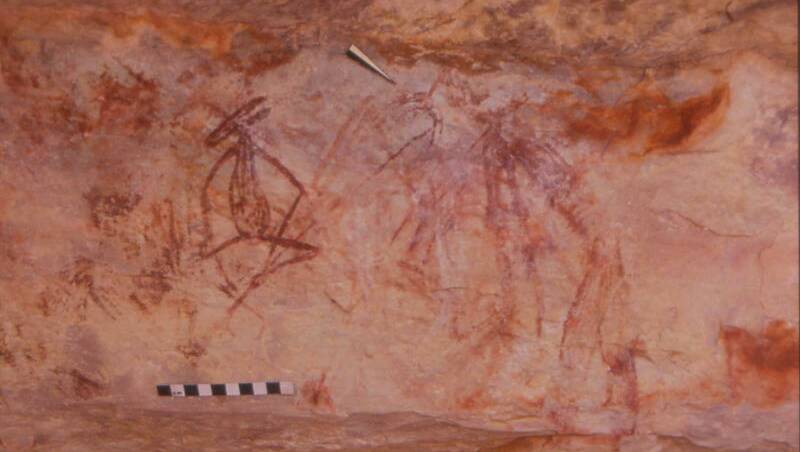This indigenous artwork is over 10,000 years old and shows a sitting kangaroo-headed being holding a spear. It was discovered in a small, hidden shelter within a remote part of Kakadu National Park. Australian Museum, Sydney - www.amonline.net.au