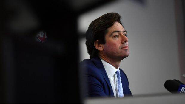 AFL boss Gillon McLachlan speaks to media about the resignation of two of his senior officials. Photo: Joe Armao
