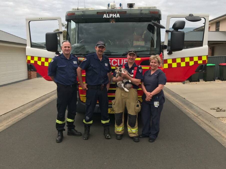 Rosalie Palmer, Bella the cat and the Tamworth Fire Station firefighters who came to the rescue - from left, Marty Frahm, Royce Beck, Phill Moore and, behind the camera, Tim Gillard.
