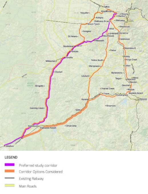 PREFERRED: A map of the Border-to-Gowrie route, with the preferred corridor in purple and the other options reviewed in orange.
