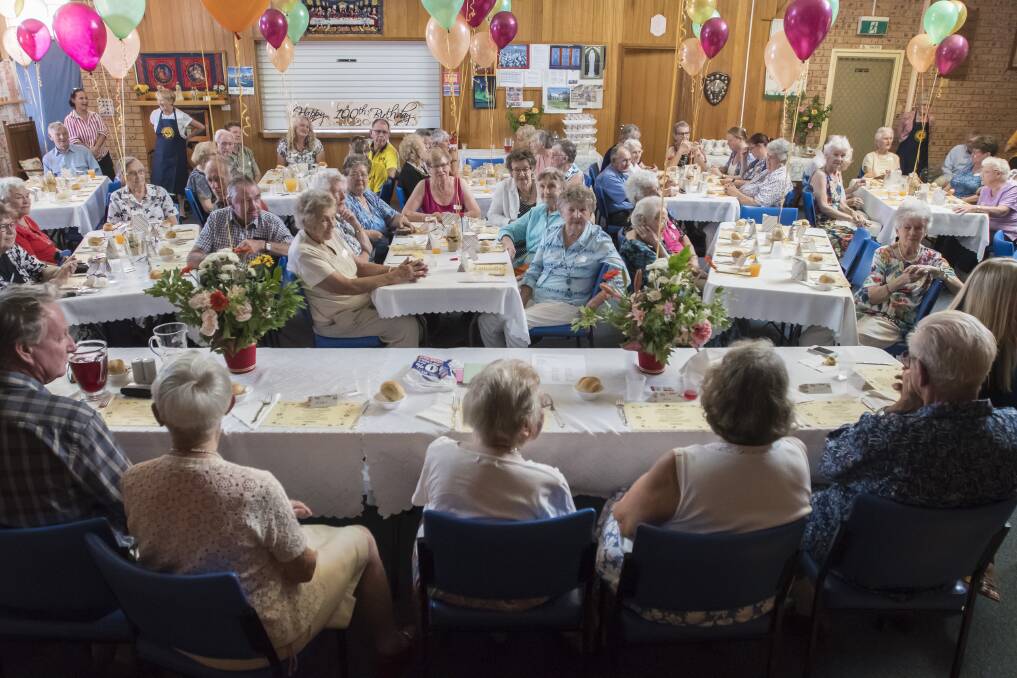 OCCASION: Hallsville Uniting Church was decked out with balloons, flowers and dozens of friendly faces there to celebrate Phyl Bylund, centre. Photo: Peter Hardin 240118PHC183