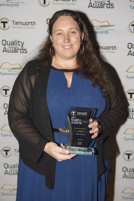 ON TO REGIONALS: Kellie Mackney after winning the Young Executive of the Year award at the Tamworth Quality Business Awards. Photo: Peter Hardin 040817PHC300 