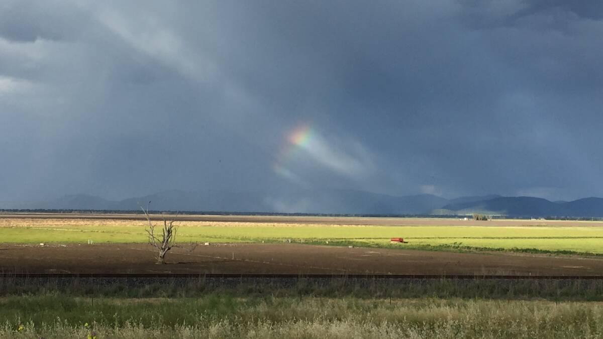 A rainbow breaks through the clouds in Breeza. Photo: Vanessa Hohnke