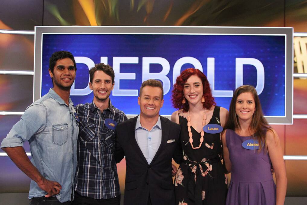QUIRKY CREW: Cale Penrith, Luke Diebold, game show host Grant Denyer, Laura Diebold and Aimee Diebold were Team Diebold in their stint on Family Feud, which aired on Friday.