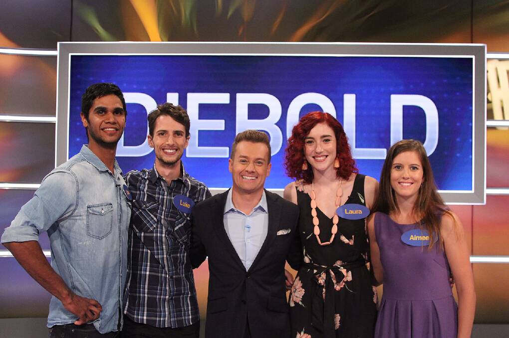 ALL THE ANSWERS: Cale Penrith, Luke Diebold, game show host Grant Denyer, Laura Diebold and Aimee Diebold were Team Diebold in their stint on Family Feud, which airs tonight.