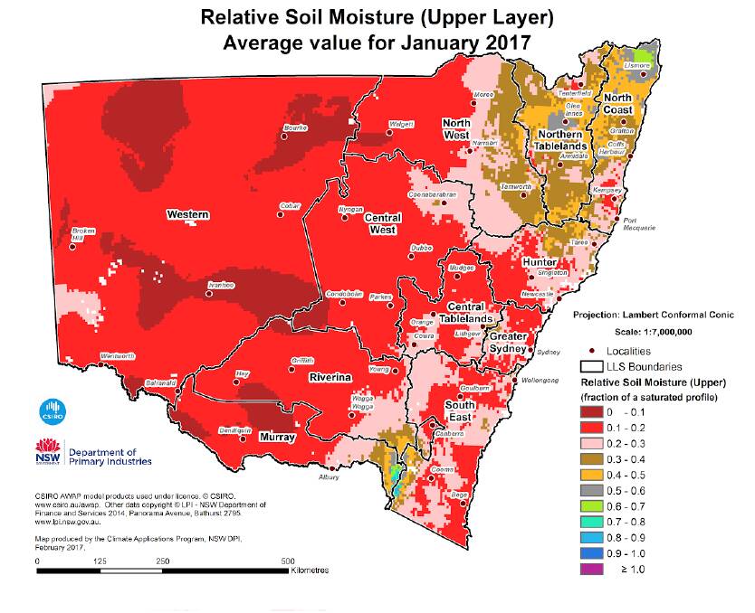 RED ZONES: NSW DPI's relative soil moisture map for January 2017.
