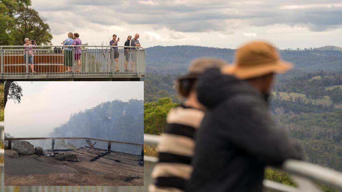 One of two new lookouts at Ebor Falls and inset, the damaged platform after the 2019 bushfires. Photos, David Waugh.