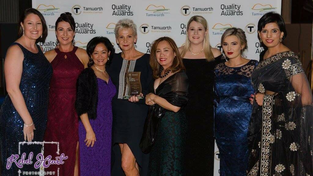 ZO GIRLS: The team from Tranquillity with sponsor Amanda Fisher, left, of BEST Employment. Tranquillity won the excellence in customer service in hair and beauty award. Photo REBEL HEART PHOTOGRAPHY