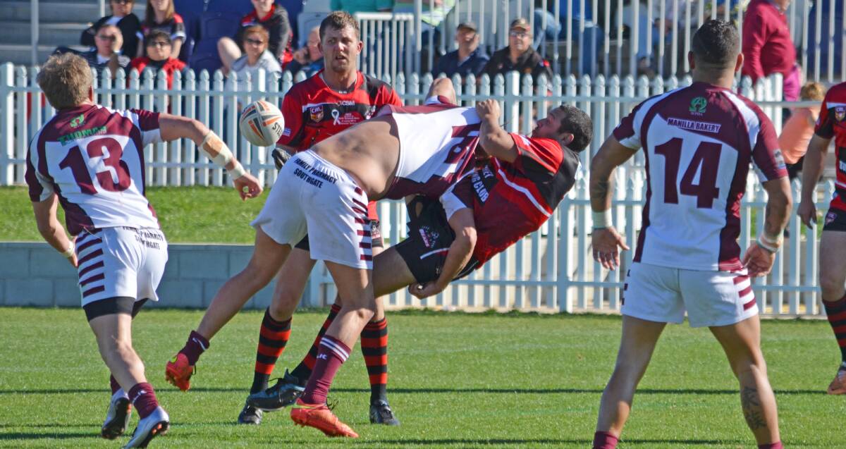 Huge Clash: North Tamworth prop Marshall Barker and West Lions prop Kyle Cochrane come together and will again be in the middle of the action in Sunday's grand final.