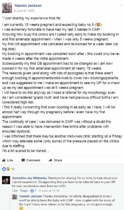 Yasmin's story was posted on the Facebook page of the Tamworth Friends of Maternity Services. They have been fighting to get the Community Midwives Program re-instated as soon as possible.