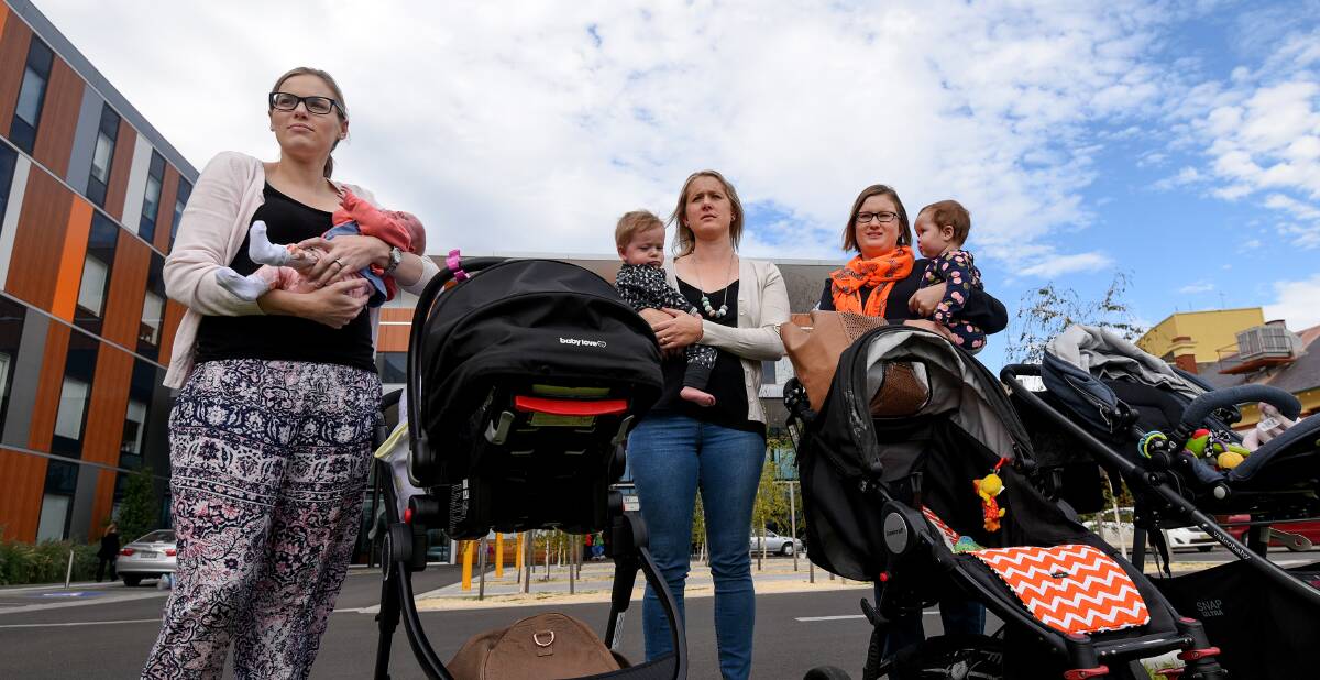 Shocked: Ashlee Hampstead, Tamara Gasson and Kristy Tremain feel sorry for local mothers who now won't have access to the community midwives. Photo: Gareth Gardner