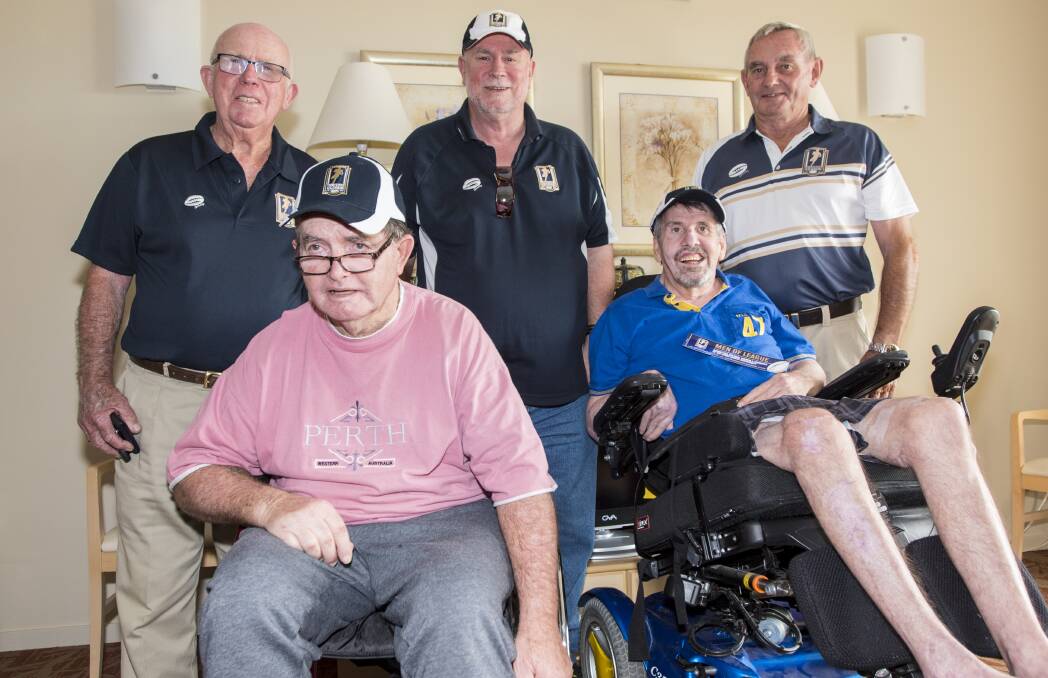 Eel drops in: Men of League president Kevin Robinson alongside Neville Glover and Dennis Shanahan with Nazareth House residents Vic Duncan and Owen Jerry.