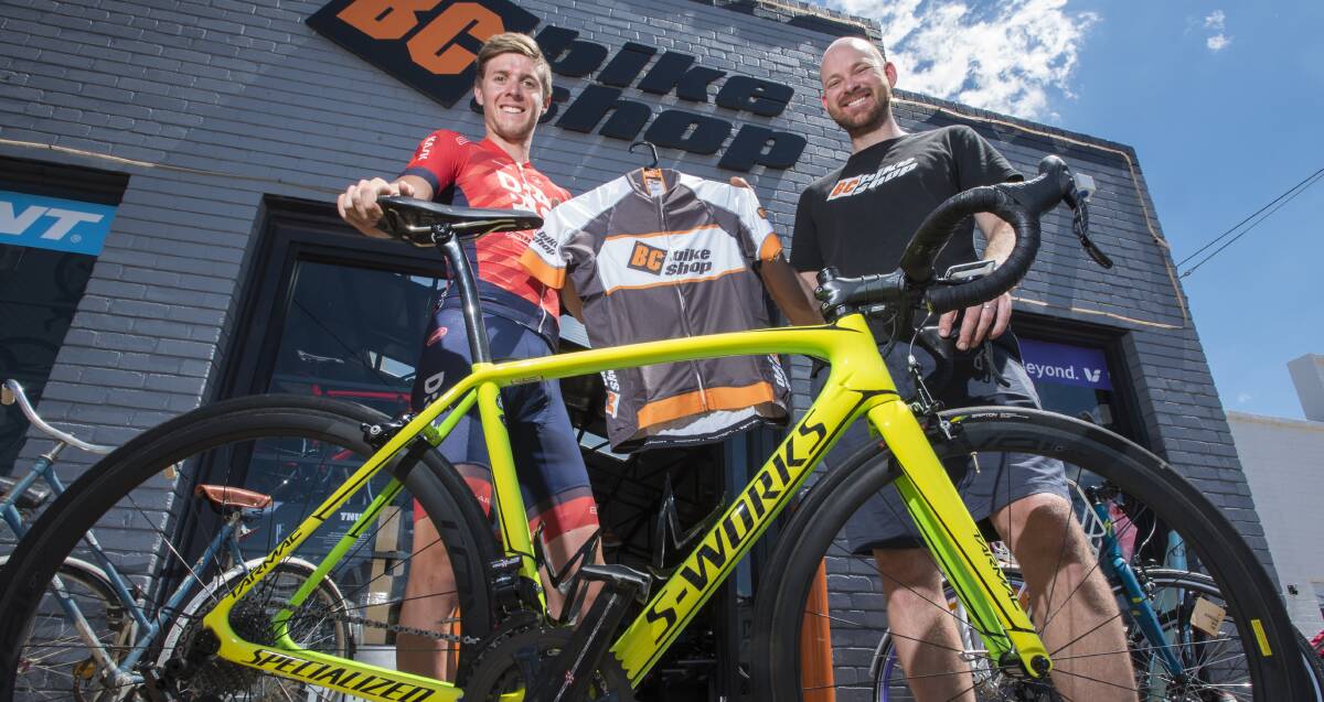 All or nothing: Sam Spokes and sponsor Ben Clark are aiming for glory at the upcoming National Championships in Ballarat as the cyclist rides for his career. Photo: Peter Hardin