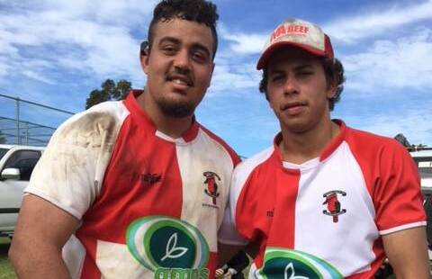 On the ball: Moree's Percy Duncan (right) will feature in the NSW Indigenous U17 Sevens side this weekend. Pictured here with Central North team mate Tyson Waters.