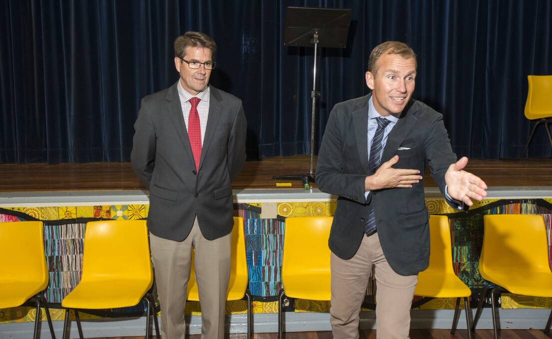 Front of the class: Kevin Anderson and Education Minister Rob Stokes address the Tamworth Public School assembly during Wednesday's funding announcement. Photo: Peter Hardin 070617