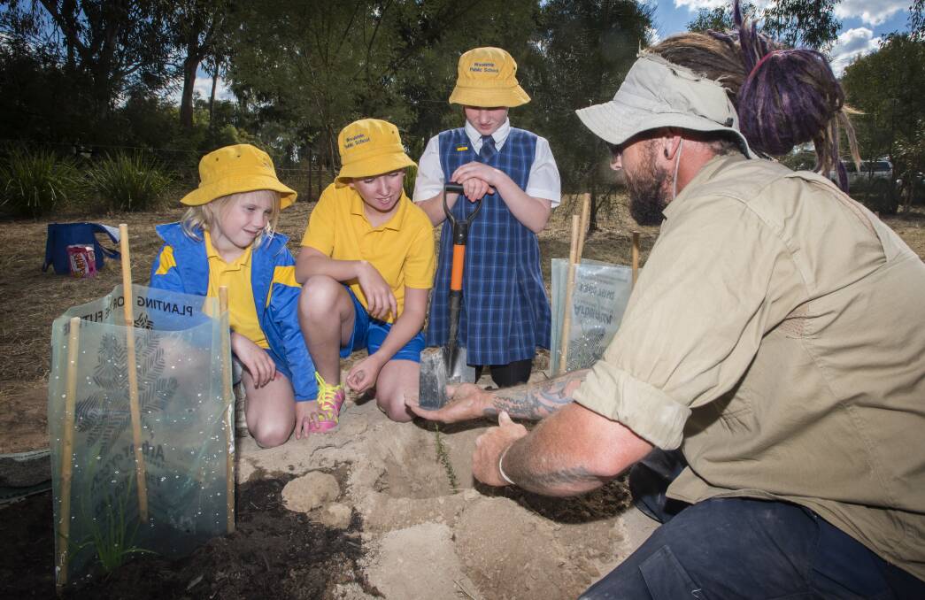 Planting the seed: Landcare's Hamish Campbell shows Timbumburi students Talia Summers, Riley Leys and Emily Milo how to plant a tree at the Peel Wetlands during this week's EcoFestival. Photo: Peter Hardin 160517