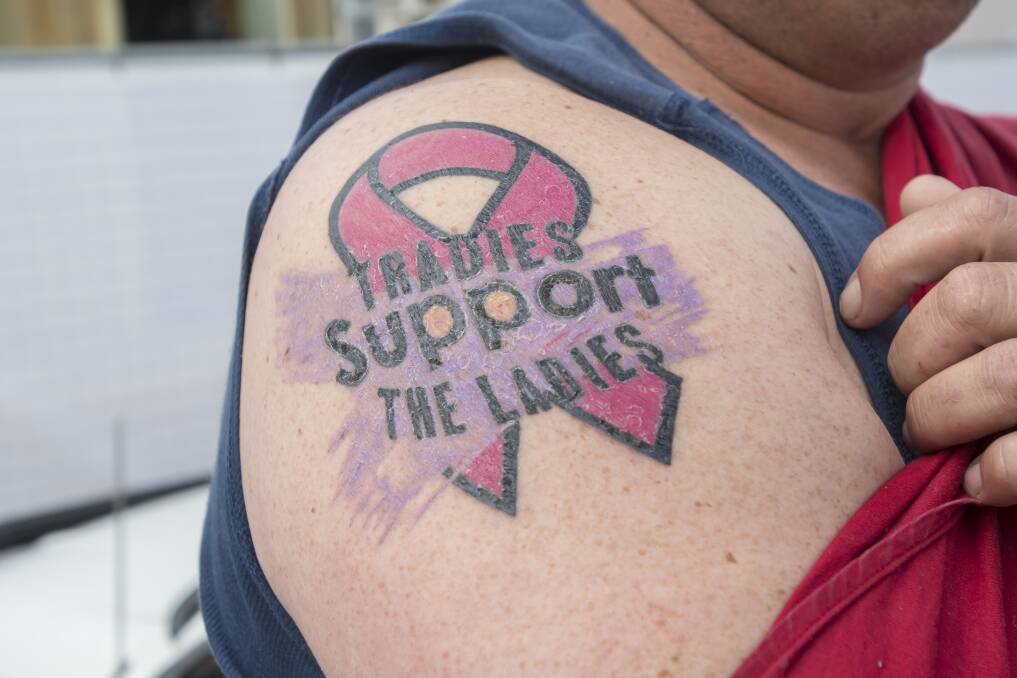 Won't stop, can't stop: Gary Sinclair got the fright of his life when his wife Tanya was diagnosed with breast cancer, now he is committed to reducing those numbers by doing whatever he has to, including a tattoo. Photo: Peter Hardin
