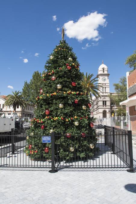 Flick the switch: The Community Christmas Tree has been erected in the Fitzroy St mall for the first time and will be lit up at a public event on Wednesday. Photo: Peter Hardin