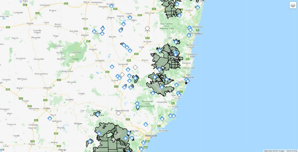 A look at fires burning around Northern NSW this morning. Photo: Google/Fires Near Me